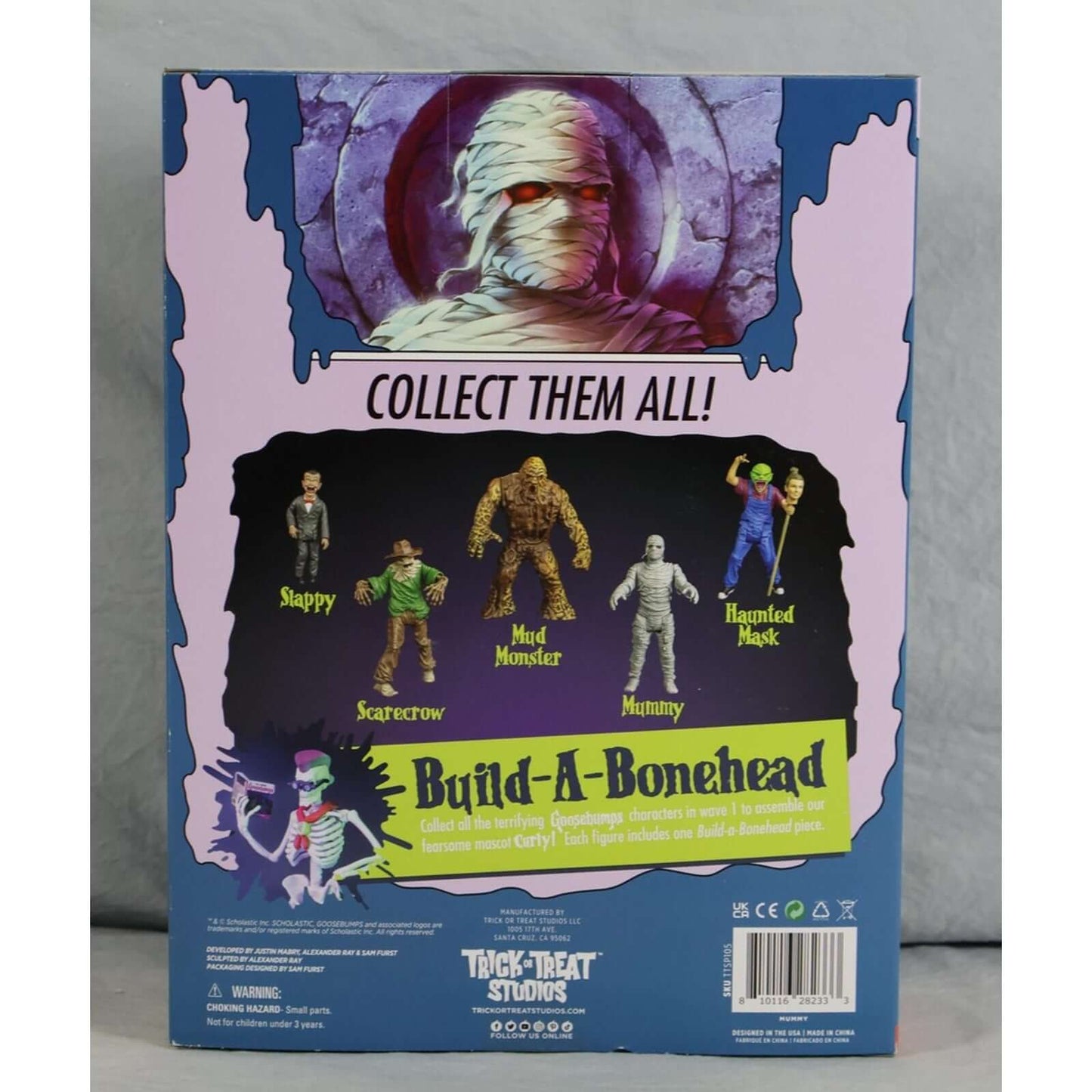 Goosebumps Mummy Action Figure Curse of the Mummy's Tomb Trick or Treat Studios packaging back view with character details.
