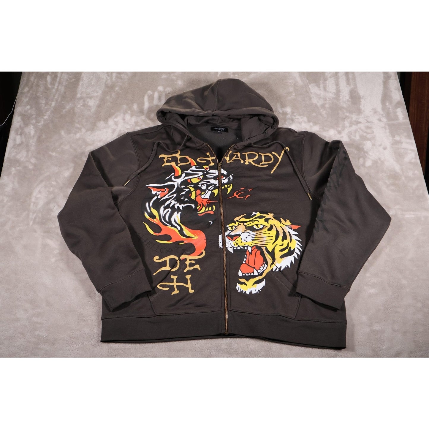 Ed Hardy Hoodie Mens XL Charcoal Full Zip Tiger Graphic Tattoo Style DEH Hellcat