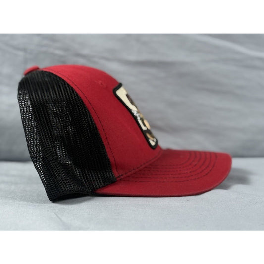 Bear Rich Money Bag Style Top Level Mesh Trucker Hat Red Curved Baseball Cap