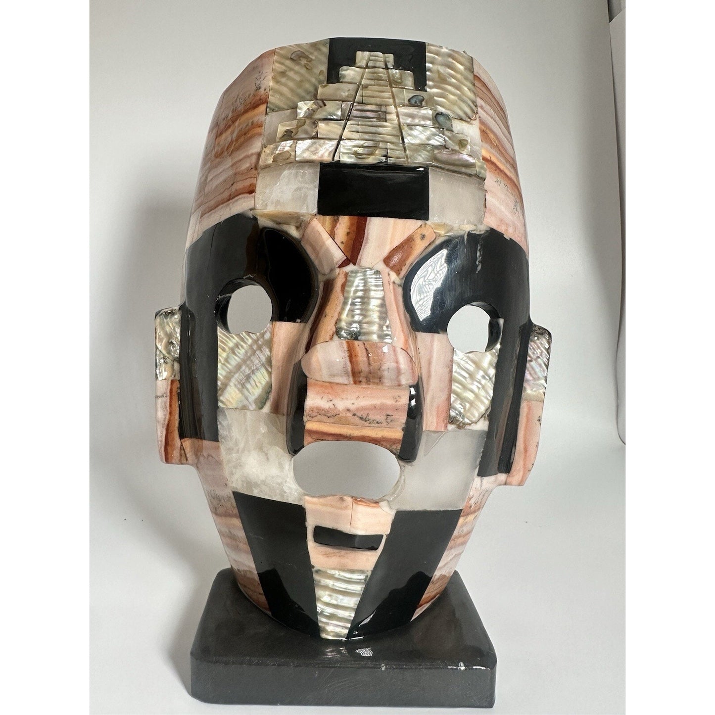 Aztec Mexican Stone Statue Tribal Folk Art Polished Obsidian w/ Abalone Inlay