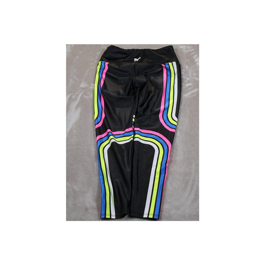Goldsheep Leggings Womens Medium Black Neon Stripe Made USA Yoga Athletic Pants