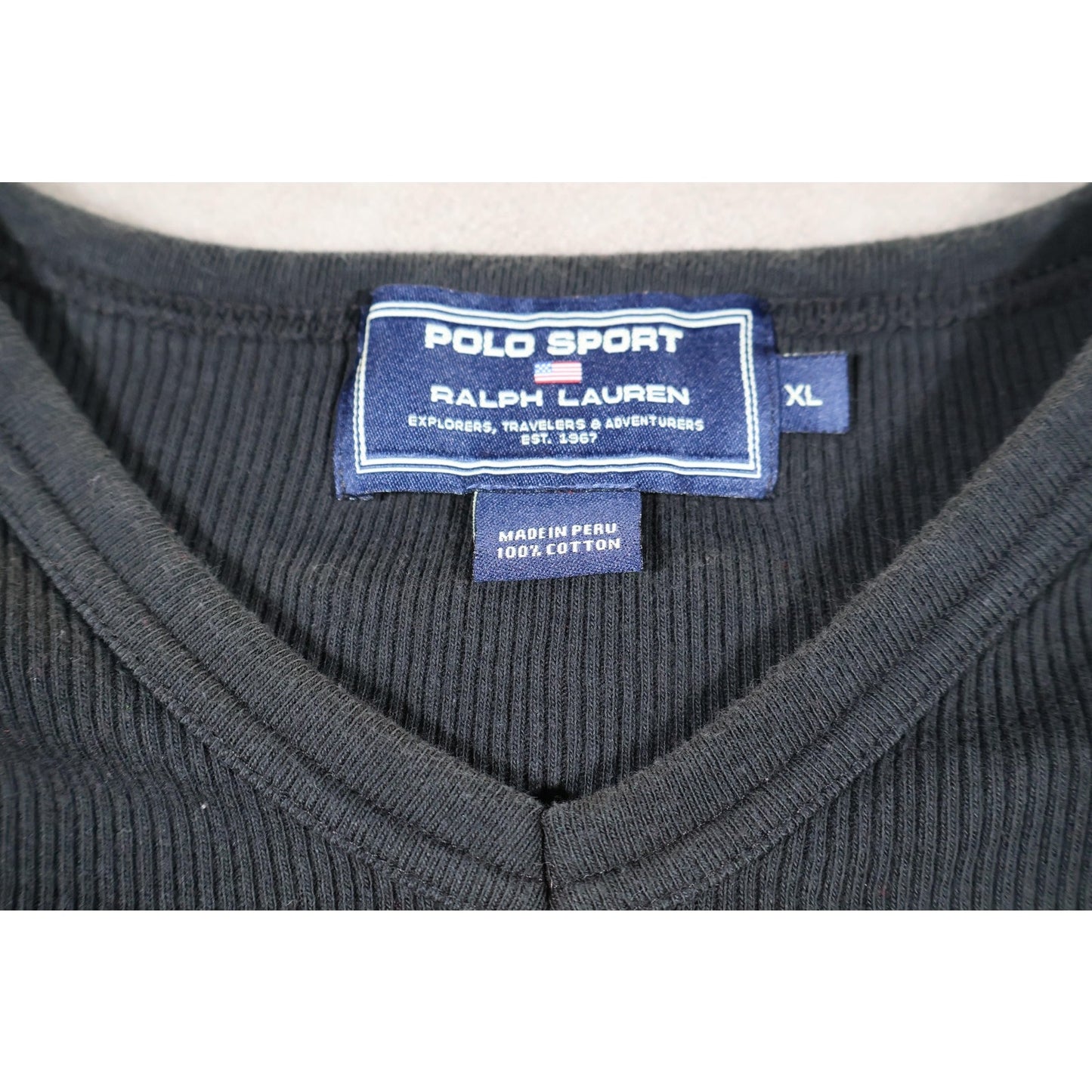 Polo Sport Ralph Lauren Shirt Mens XL Black V Neck 100% Cotton Made Peru Casual