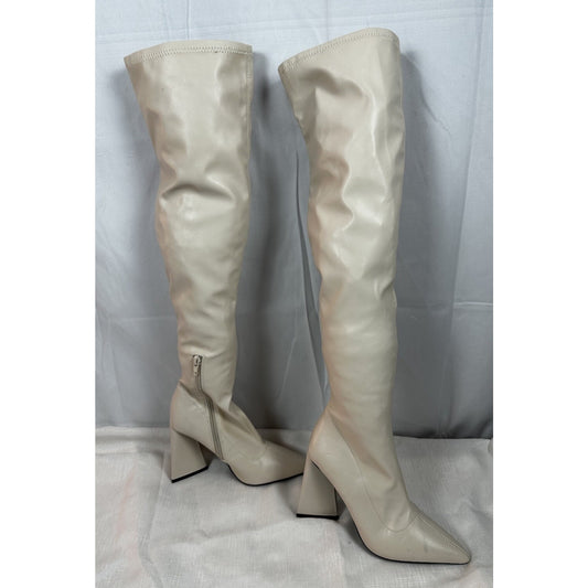 Forever 21 Women's Faux Leather Over-the-Knee Boots in Cream Size 6