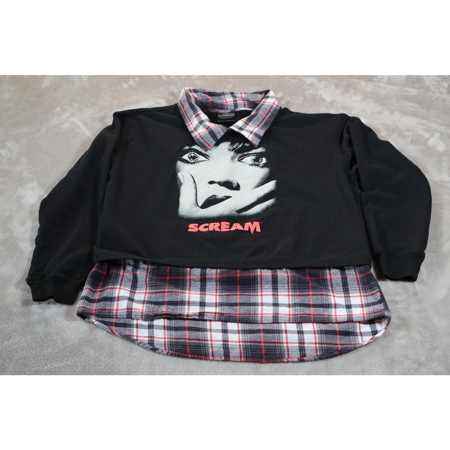Scream Sweatshirt Womens Medium Black Plaid Layered Collared Horror Graphic