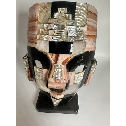 Aztec Mexican Stone Statue Tribal Folk Art Polished Obsidian w/ Abalone Inlay