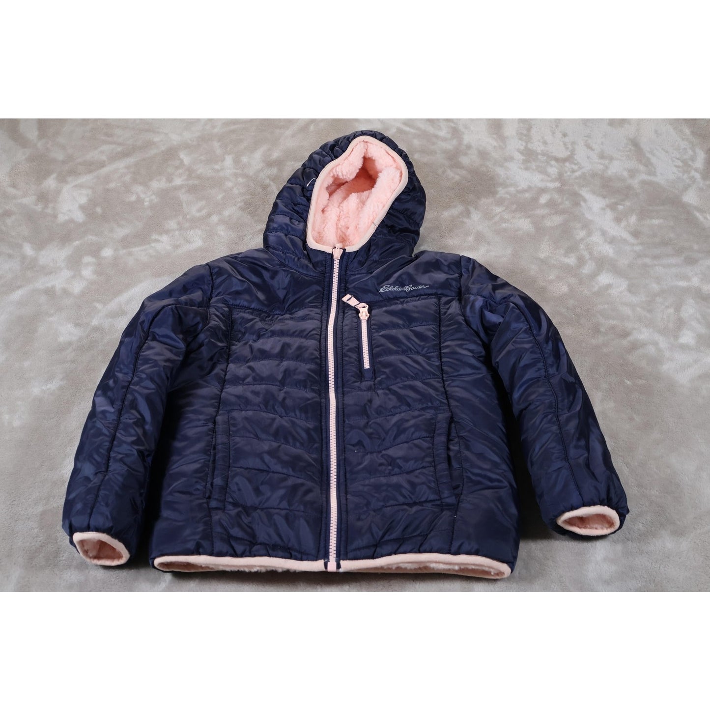 Eddie Bauer Jacket Girls M Navy Blue Pink Hooded Puffer Quilted Fleece Lined
