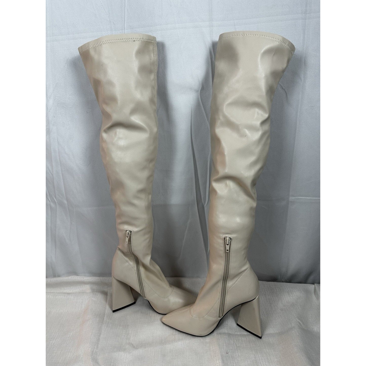 Forever 21 Women's Faux Leather Over-the-Knee Boots in Cream Size 6