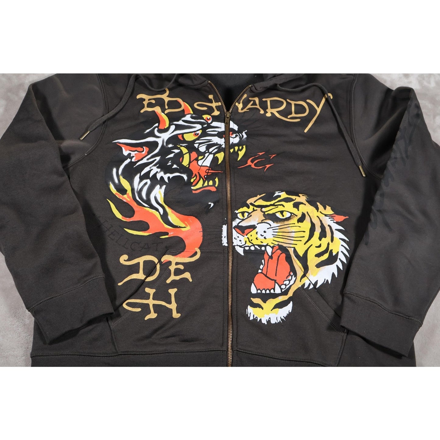 Ed Hardy Hoodie Mens XL Charcoal Full Zip Tiger Graphic Tattoo Style DEH Hellcat