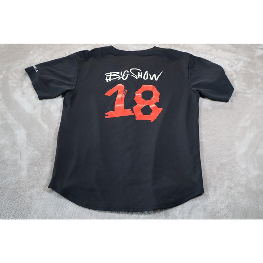 Sport-Tek Baseball Jersey Shirt Mens Medium Black Big Show 18 Button Logo Front