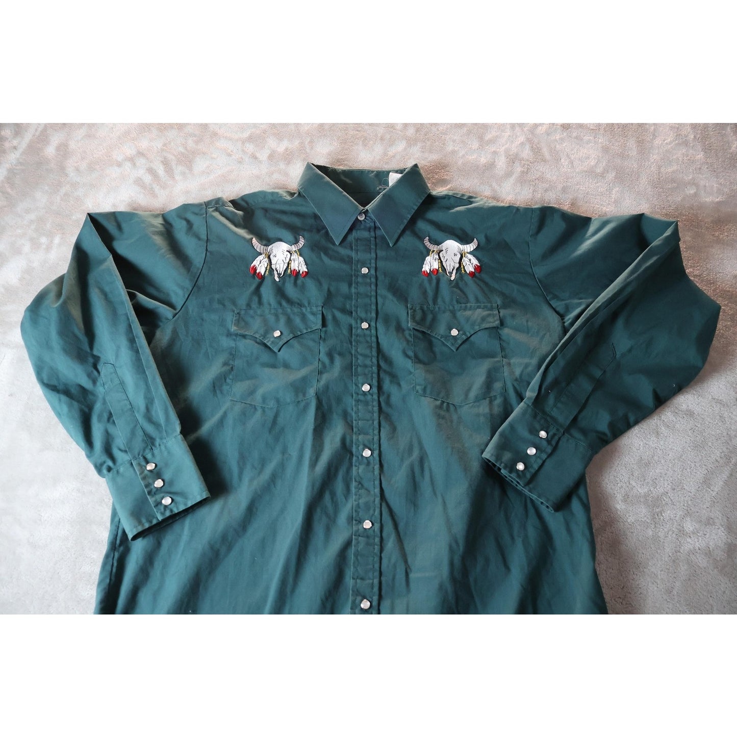 Plains Western Wear Shirt Mens Large Green Cowboy Pearl Snap Bull Skull Rodeo