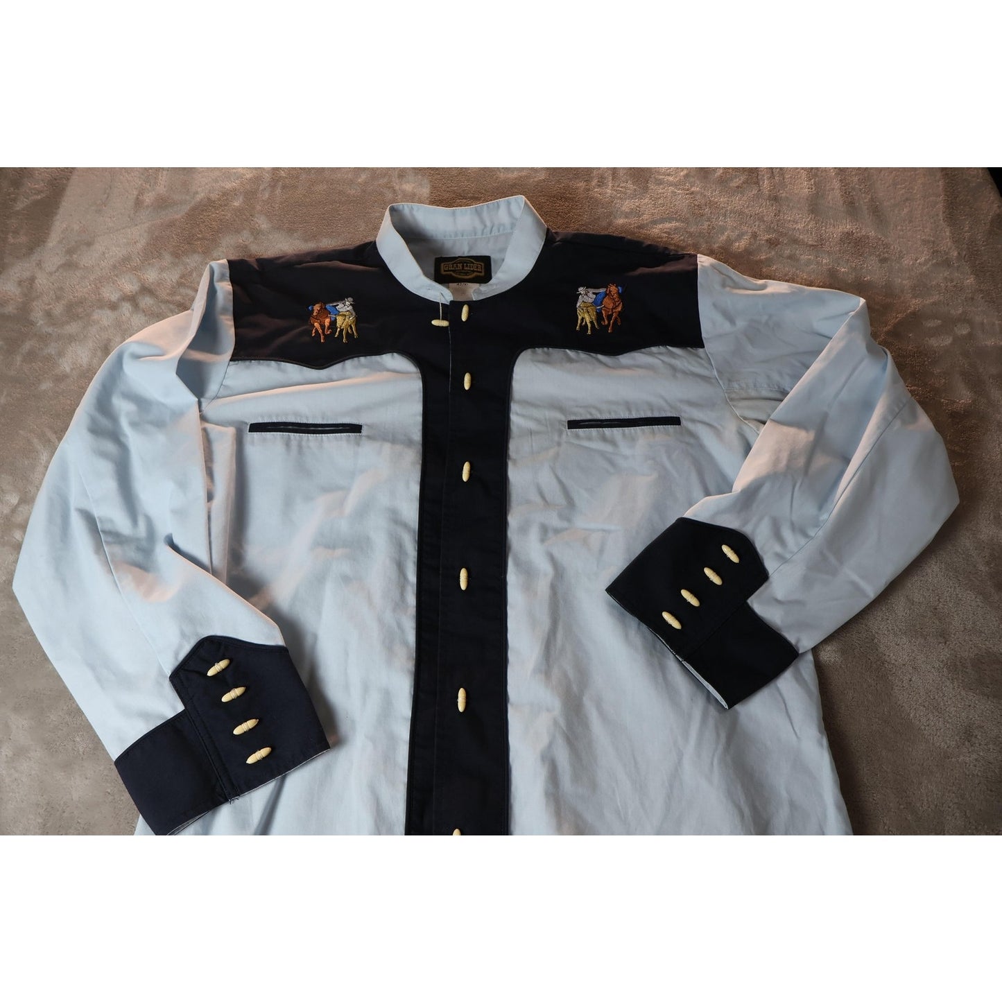 Gran Lider Western Shirt Mens XL Light Blue Black Embroidered Cowboy Rodeo Snap