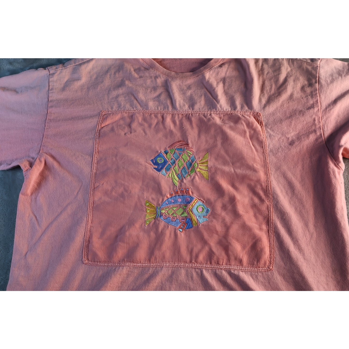 Johnny Was Shirt Womens One Size Embroidered Fish Patch Boxy Boho Art Tee Top