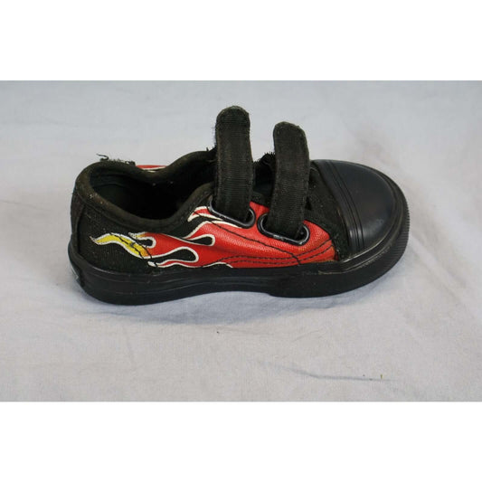Vans Shoes Toddler Size 5 Black Red Flame Skate Low Top Rubber Toe side view with black flames and red panels