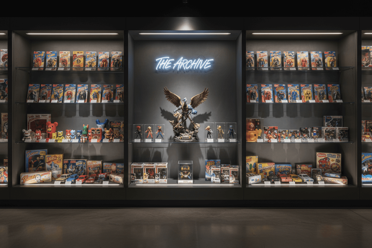 A display showcasing various collectible toys in a well-lit setting at The Archive.