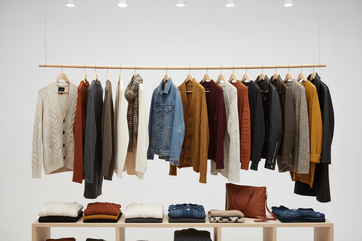 A display of various cozy Sweaters/ Jackets hanging on a rack and folded on a shelf.