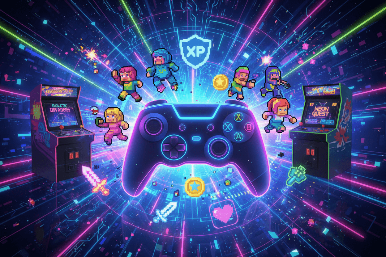 Colorful illustration featuring popular video games, arcade machines, and a gaming controller.
