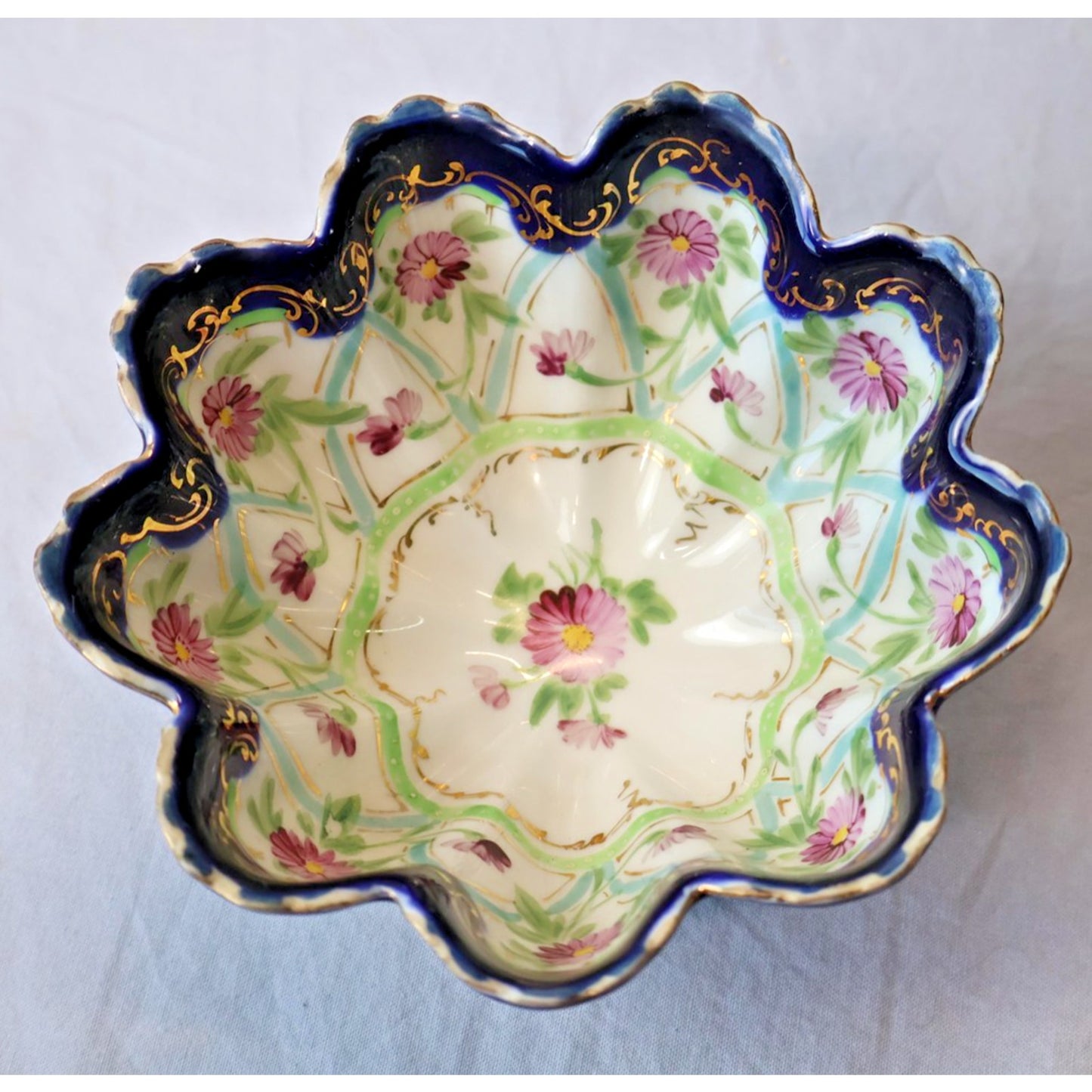 Vintage Hand Painted Porcelain Berry Bowl Set Cobalt Gold Roses Footed 5 Pc