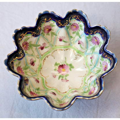 Vintage Hand Painted Porcelain Berry Bowl Set Cobalt Gold Roses Footed 5 Pc