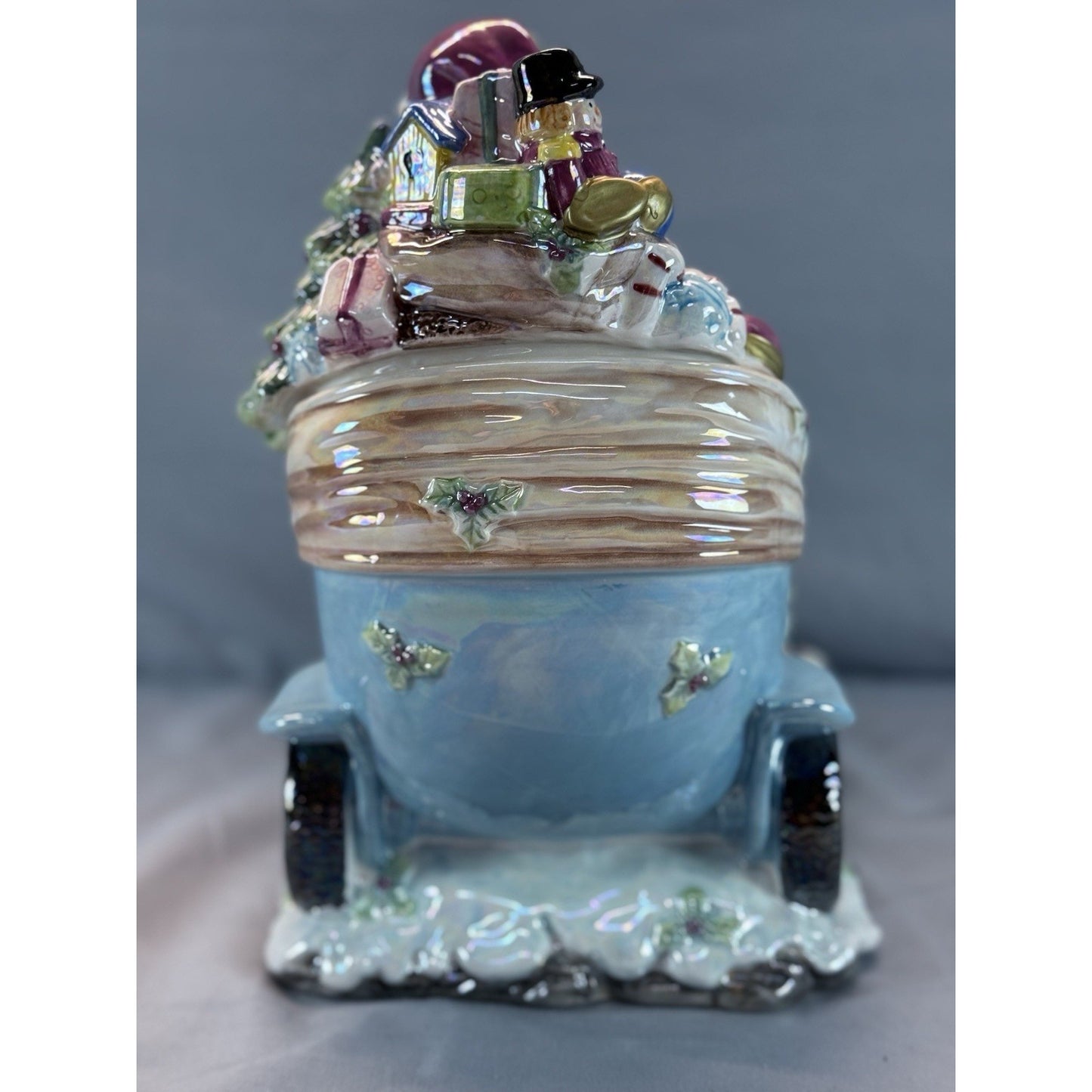 Christmas Ceramic Cookie Car Snowman Blue Jar Iridescent Finish Vintage #81009