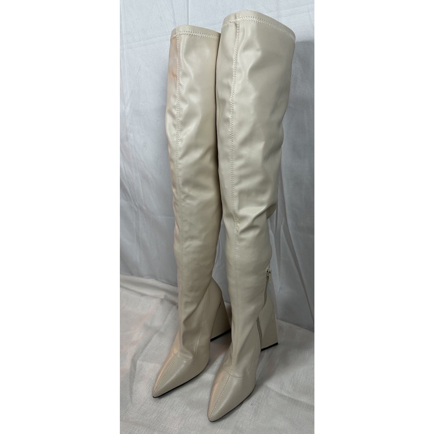 Forever 21 Women's Faux Leather Over-the-Knee Boots in Cream Size 6