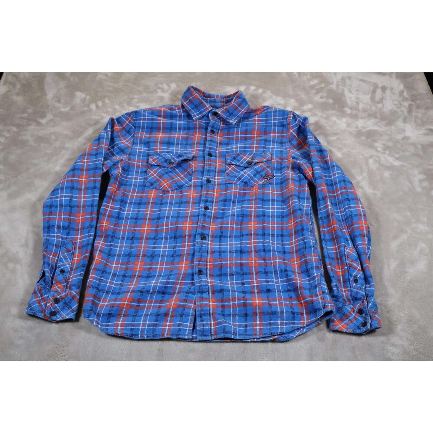 Fox Shirt Mens Medium Blue Orange Plaid Flannel Long Sleeve Western Casual