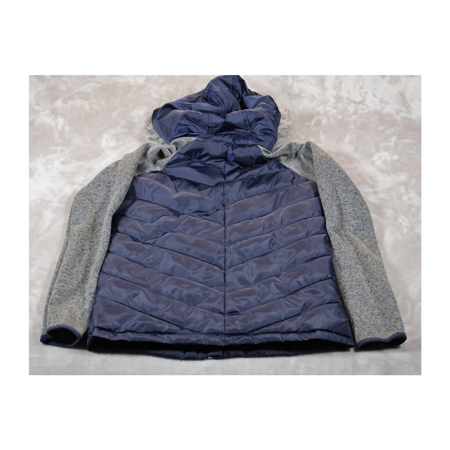 US Polo Assn Jacket Womens Small Blue Gray Hooded Faux Fur Zip Knit Sleeves Warm