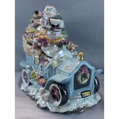 Christmas Ceramic Cookie Car Snowman Blue Jar Iridescent Finish Vintage #81009