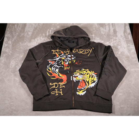 Ed Hardy Hoodie Mens XL Charcoal Full Zip Tiger Graphic Tattoo Style DEH Hellcat