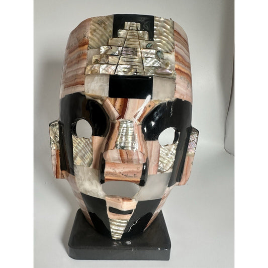 Aztec Mexican Stone Statue Tribal Folk Art Polished Obsidian w/ Abalone Inlay