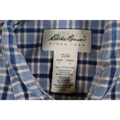 Eddie Bauer Shirt Mens Large Blue Plaid Short Sleeve Button Down Casual Cotton