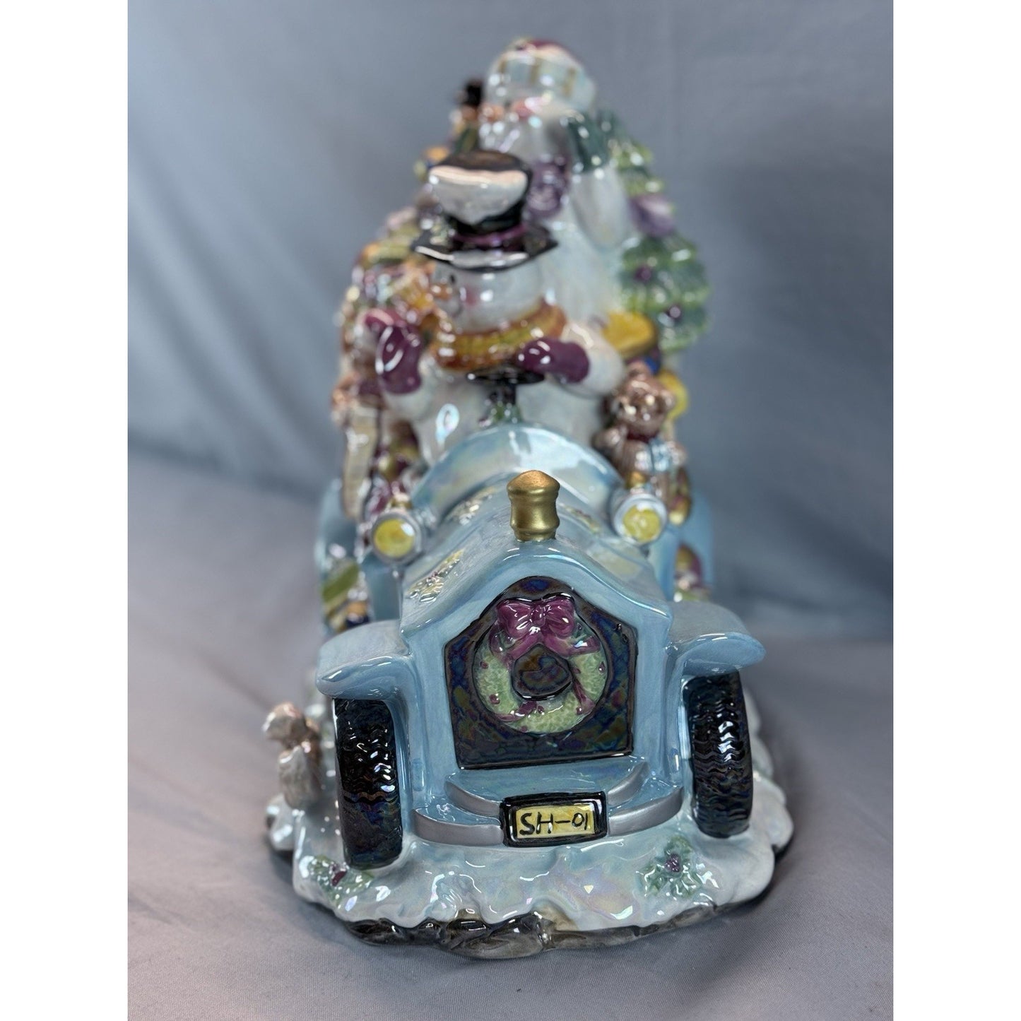Christmas Ceramic Cookie Car Snowman Blue Jar Iridescent Finish Vintage #81009