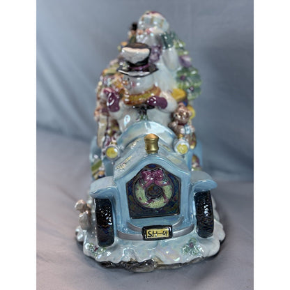 Christmas Ceramic Cookie Car Snowman Blue Jar Iridescent Finish Vintage #81009