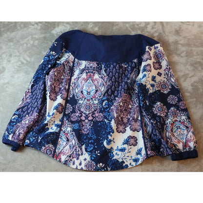 Chicos Zenergy Jacket Womens 3 Size Blue Pink White Hooded Full Zip Paisley Boho