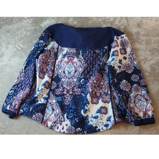 Chicos Zenergy Jacket Womens 3 Size Blue Pink White Hooded Full Zip Paisley Boho