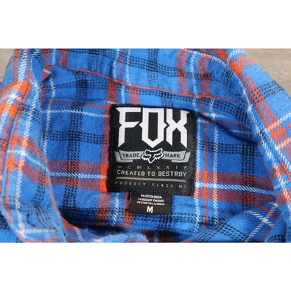 Fox Shirt Mens Medium Blue Orange Plaid Flannel Long Sleeve Western Casual