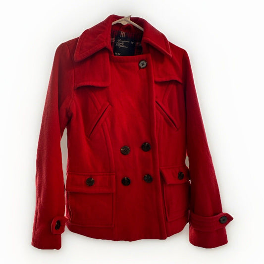 American Eagle Women's Red Wool Blend Pea Coat - Size Medium