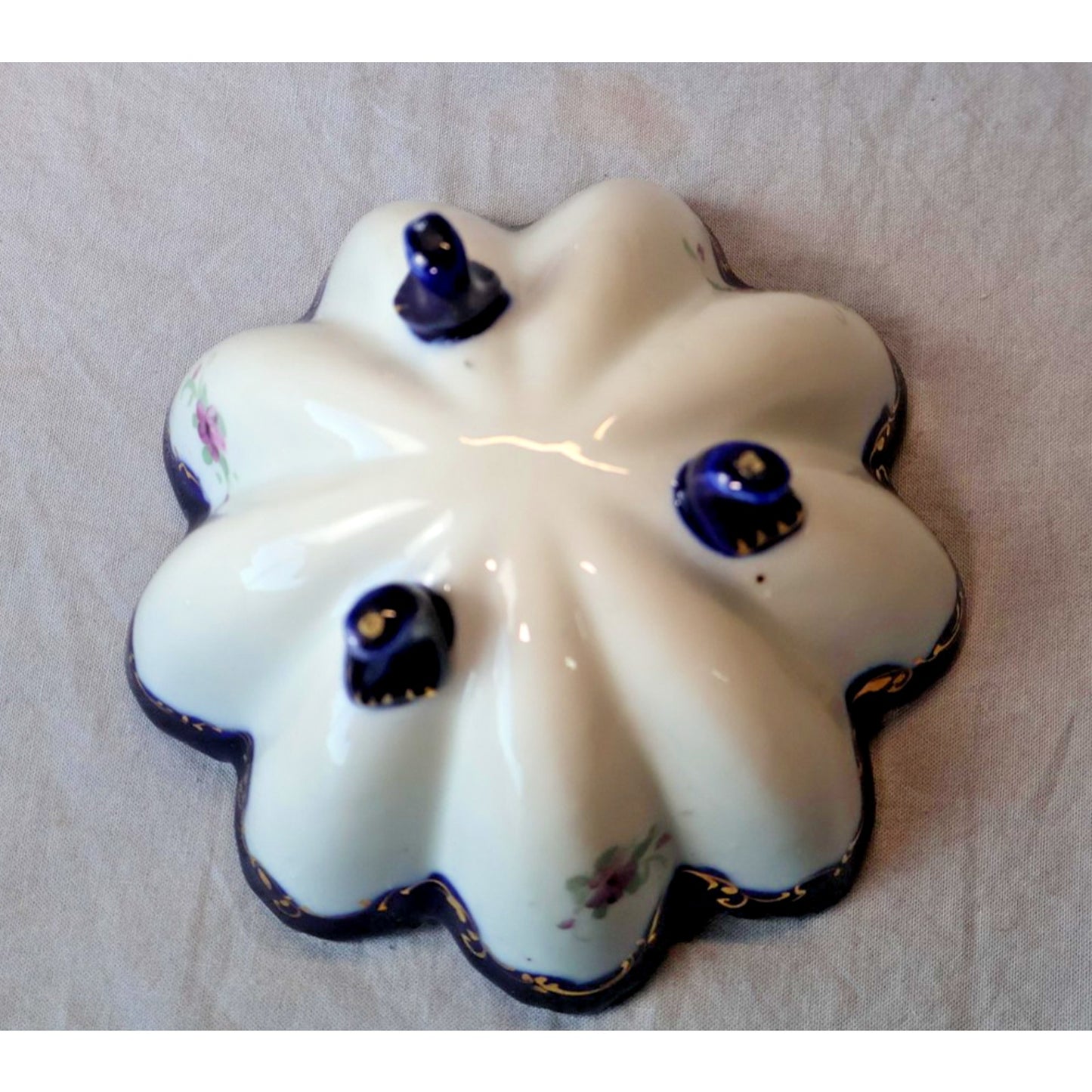 Vintage Hand Painted Porcelain Berry Bowl Set Cobalt Gold Roses Footed 5 Pc