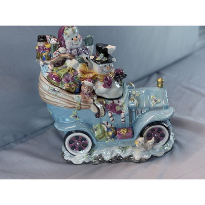 Christmas Ceramic Cookie Car Snowman Blue Jar Iridescent Finish Vintage #81009