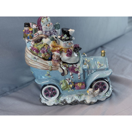 Christmas Ceramic Cookie Car Snowman Blue Jar Iridescent Finish Vintage #81009