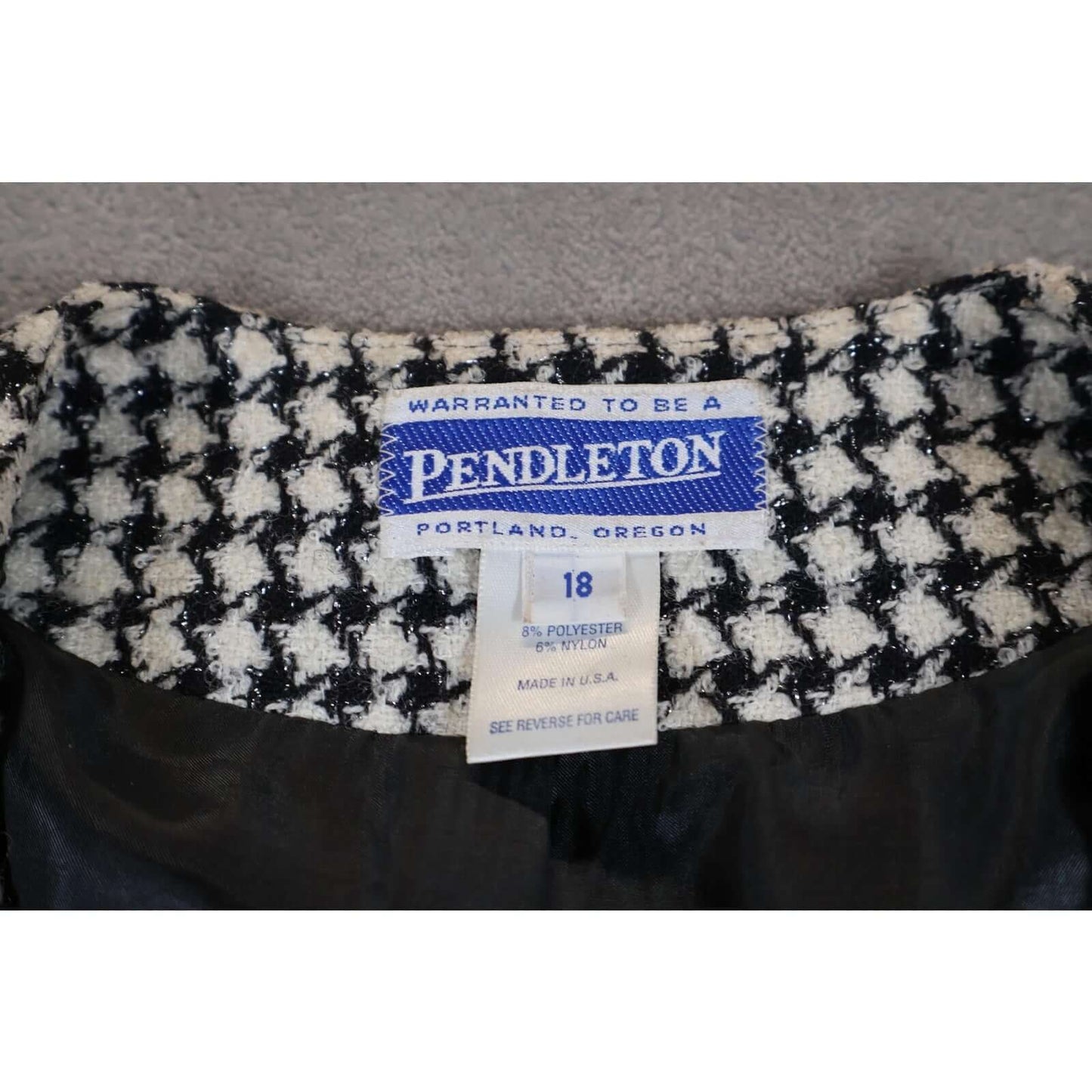 Pendleton Jacket Womens 18 Black White Houndstooth Tweed Wool Blend Made USA