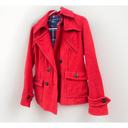 American Eagle Women's Red Wool Blend Pea Coat - Size Medium