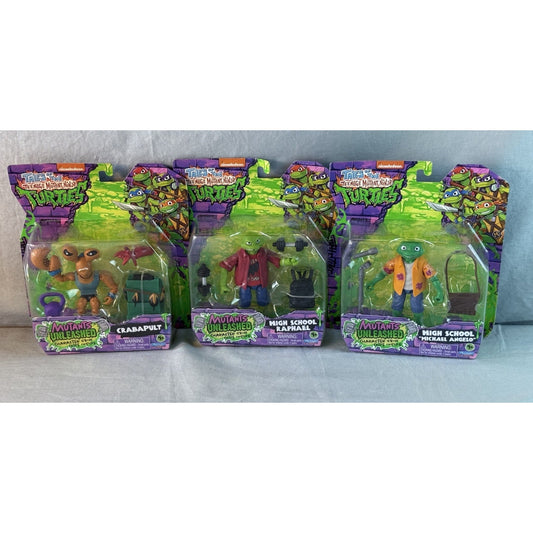 TMNT Mutants Unleashed High School Raphael Mikey Crabapult Lot of 3.