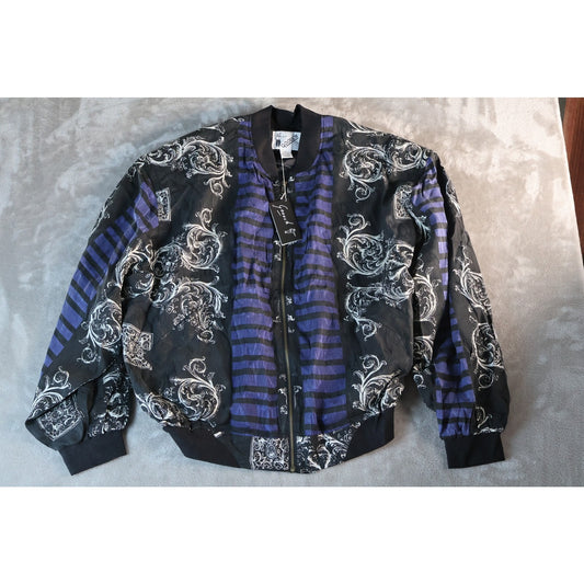 Goouch Jacket Mens XL Black Purple 100% Silk Baroque Stripe Bomber NWT Plum