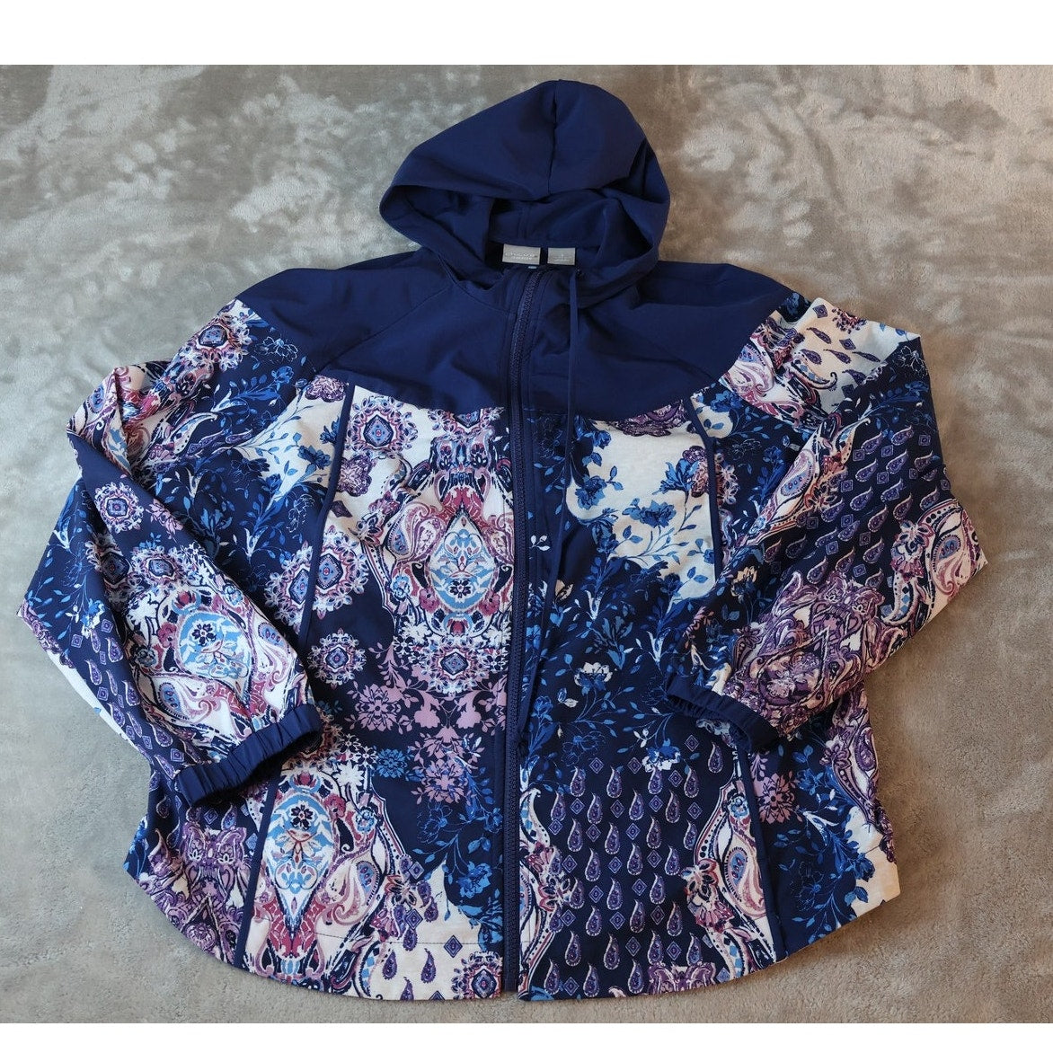 Chicos Zenergy Jacket Womens 3 Size Blue Pink White Hooded Full Zip Paisley Boho