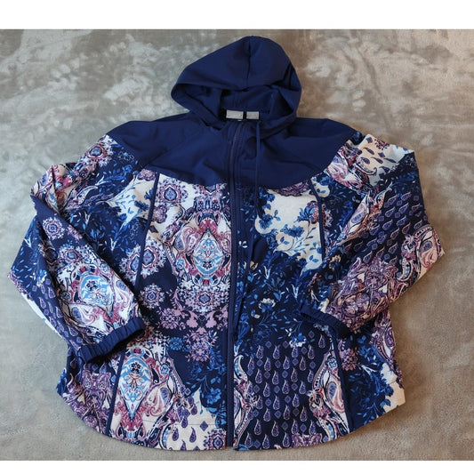 Chicos Zenergy Jacket Womens 3 Size Blue Pink White Hooded Full Zip Paisley Boho