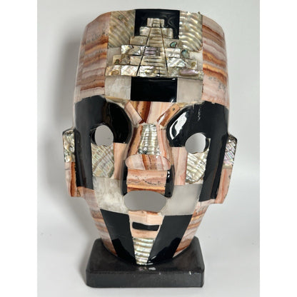 Aztec Mexican Stone Statue Tribal Folk Art Polished Obsidian w/ Abalone Inlay