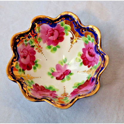 Vintage Hand Painted Porcelain Berry Bowl Set Cobalt Gold Roses Footed 5 Pc