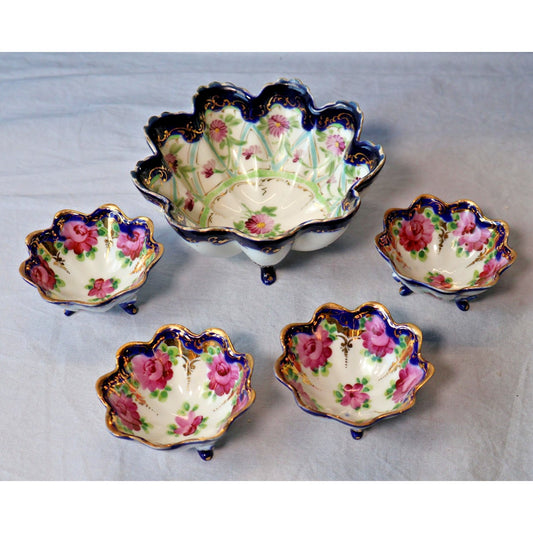 Vintage Hand Painted Porcelain Berry Bowl Set Cobalt Gold Roses Footed 5 Pc