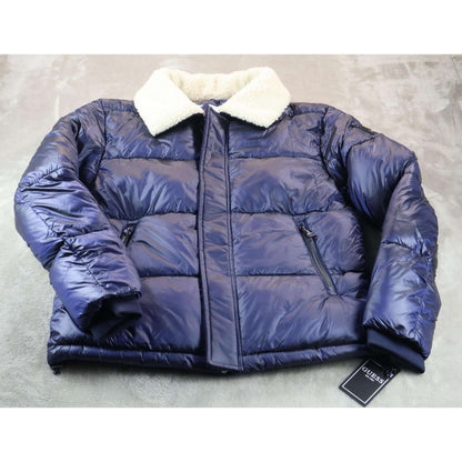 Guess Cassidy Puffer Quilted Jacket Womens Small Navy Sherpa Collar Winter Coat