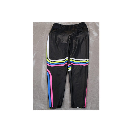 Goldsheep Leggings Womens Medium Black Neon Stripe Made USA Yoga Athletic Pants